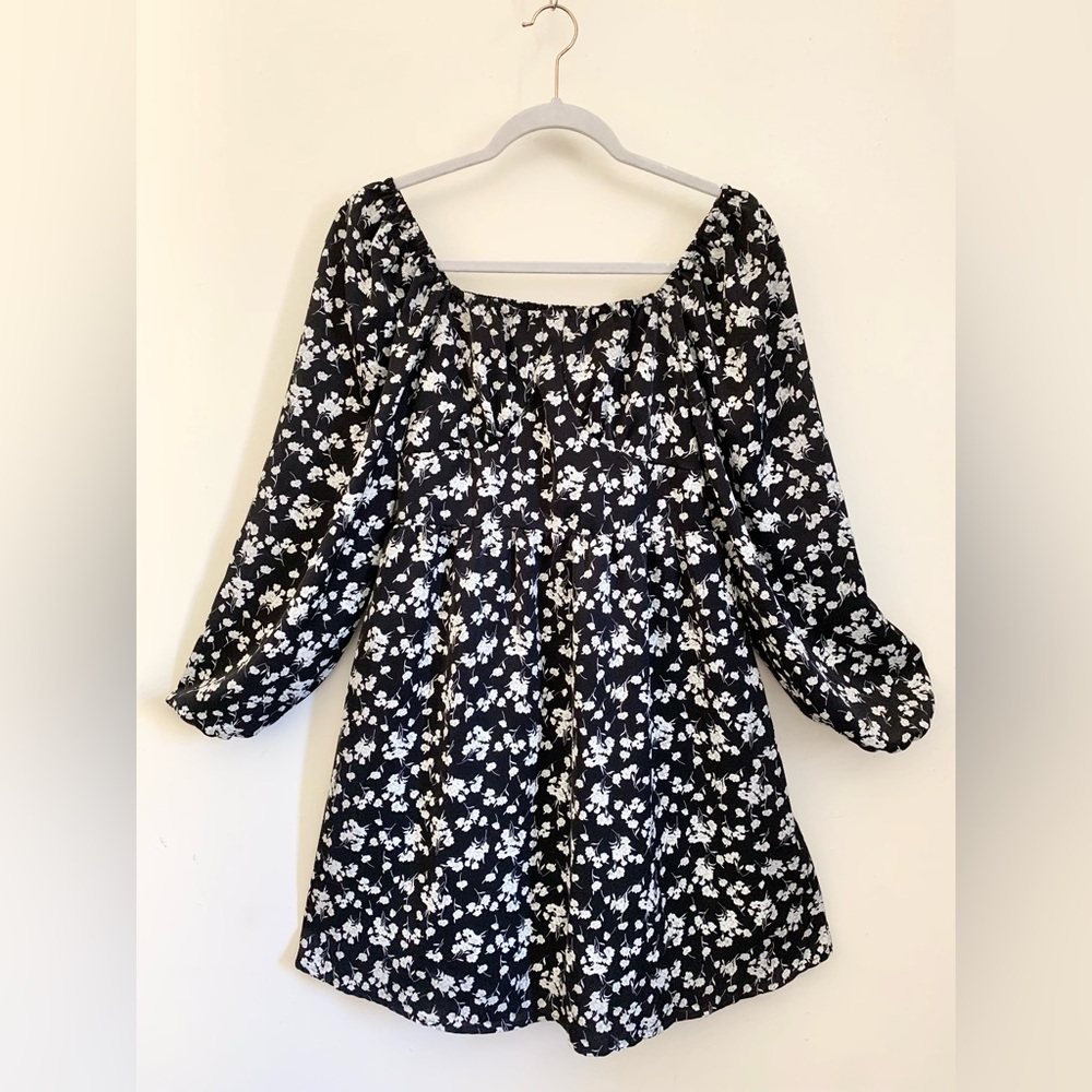 ❤️ 3/15 Black Floral Smock Bishop Balloon Long Sleeves Dress US Large
